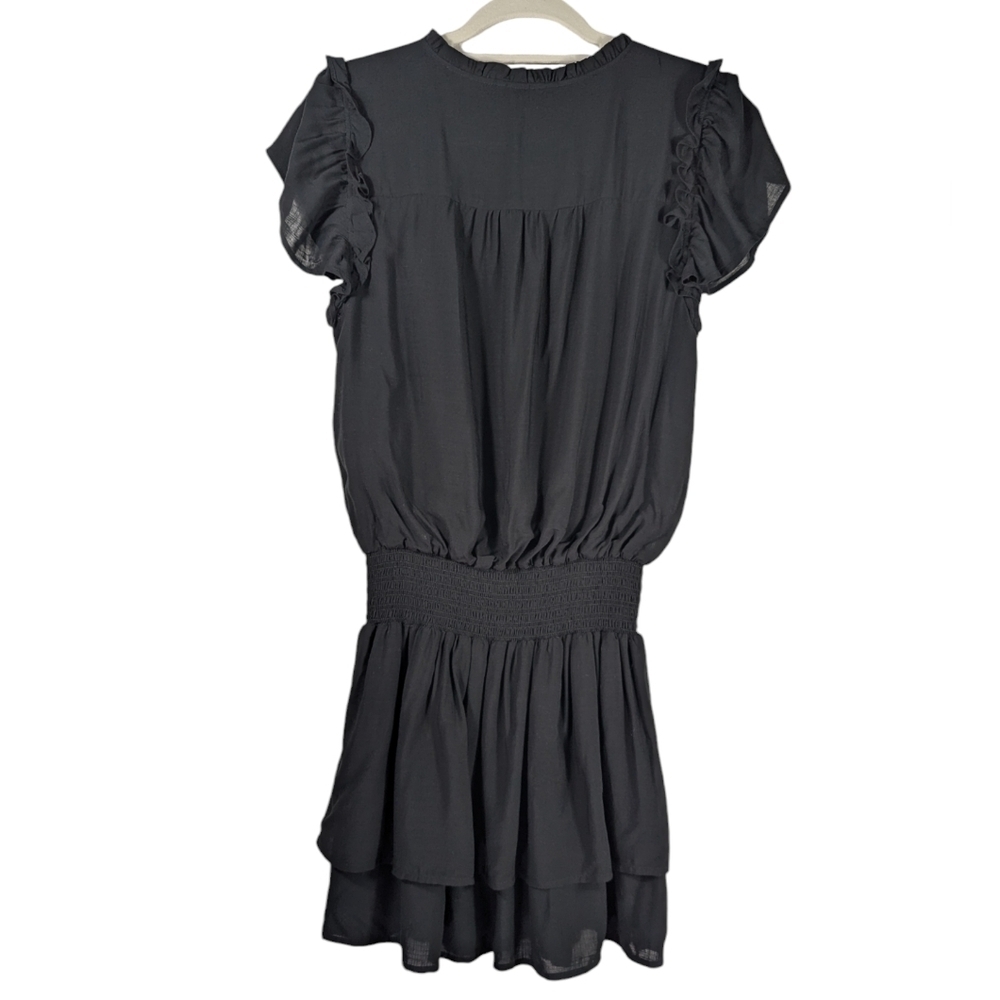 PAIGE Cristina Black Smocked Mini Dress Flutter Sleeve Tiered S - Picture 5 of 15